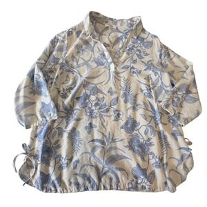 C by One Floral Split Neck Blouse 3/4 Sleeve 2X Blue Cream Coastal Boho Spring